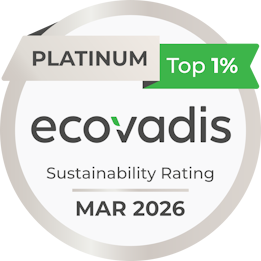 Platinum award from EcoVadis for sustainability, top 1% rating, valid until March 2026.