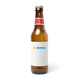 Brown glass bottle with a white label featuring the word 'HERMA' in blue lettering. The bottle cap is gold-colored.