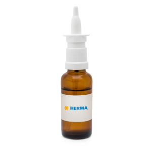 Brown glass bottle with a drip cap, labeled 'HERMA.' Ideal for liquids or medications.