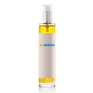 Bottle with yellow liquid inside, labeled with 'HERMA' in blue lettering on a white label.