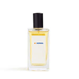 Transparent perfume bottle with a black spray nozzle, filled with yellow liquid and a white label that reads 'HERMA'.