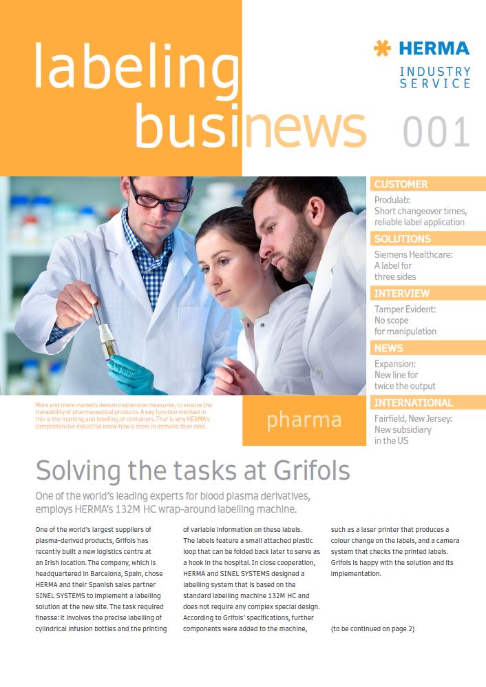 Three professionals in a lab are examining a sample while working on a labeling machine. Text about pharmaceutical solutions and customers.