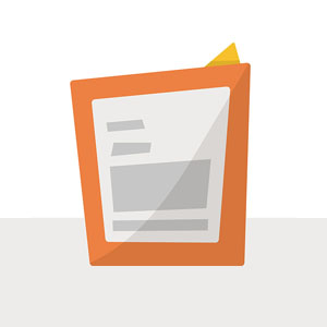 An orange folder with a document partially visible. The folder has a yellow label on top.