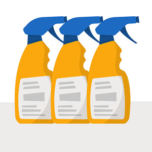 Three yellow spray bottles with blue nozzles, arranged against a neutral background.