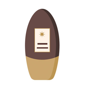 Brown, oval object with a light, star-shaped graphic and text on the front. The lower part is in a lighter shade.