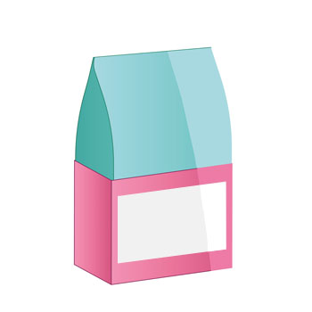 A stylized packaging in the shape of a house with a blue roof and a pink base, featuring a blank white area.