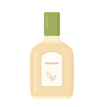 Bottle with a green cap and a label featuring a leaf design. The bottle is beige in color and has a simple shape.
