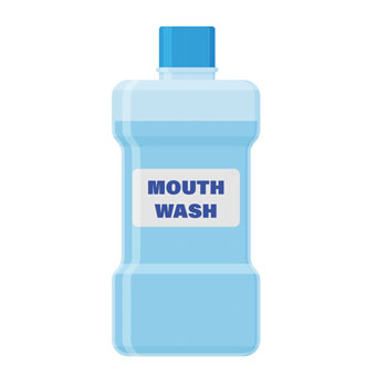 Blue mouthwash in a transparent bottle with a blue cap and a label that says 'MOUTH WASH.