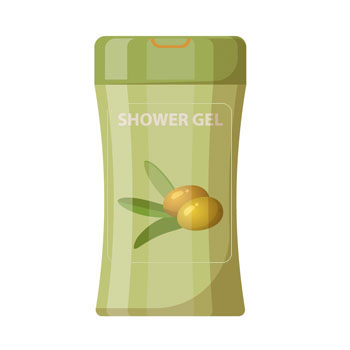 Shower gel bottle with green packaging and an illustration of olives.