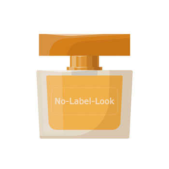 Bottle of perfume in a minimalist design, with an orange cap and the inscription 'No-Label-Look' on the front.