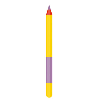 A yellow colored pencil with a purple and red tip, standing upright.