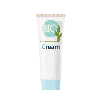 Tube with organic cream, white with a blue cap and a green logo featuring plant motifs.