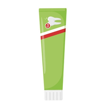 Green toothpaste tube with a white tooth logo and a red stripe.
