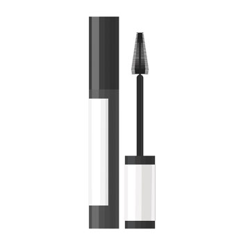 Black mascara with an applicator brush, in a sleek package with a white label.