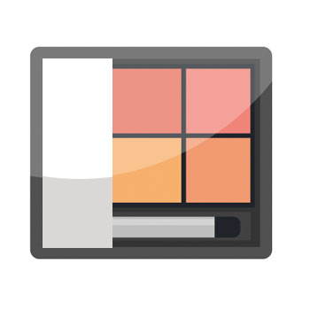A square makeup set with four shades in pink and orange, along with an applicator.