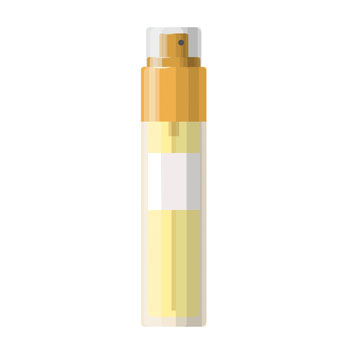 A transparent bottle with yellow liquid and an orange spray nozzle. The bottle has a blank label.