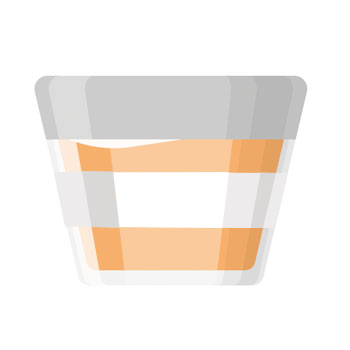A transparent cup with orange drink and white stripes.