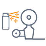 The spray can pointing at a gear symbolizes a connection between spray and mechanical components.