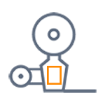 Technical illustration of a mechanical system featuring gears and an orange rectangle representing a central component.