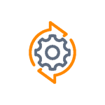 Gear symbol in the center of a circular design, surrounded by orange arrows that represent movement or a process.