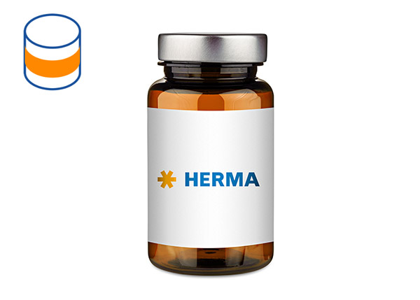 Brown glass bottle with a silver cap, labeled with the word 'HERMA' on a white label.