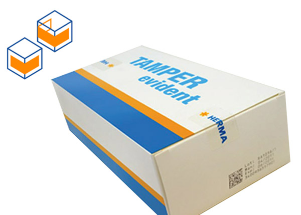 Packaging labeled 'TAMPER evident' in blue and orange, produced by HERMA. Contains security features against tampering.
