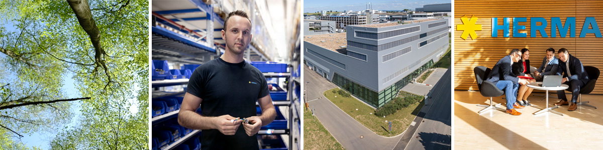 View of treetops, a man in a warehouse, a modern building, and a group of people working at a table.