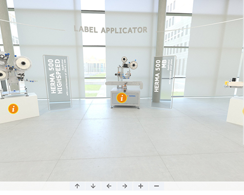 Labeling system featuring two models, HERMA 500 Highspeed and HERMA 500 M, in a modern showroom.