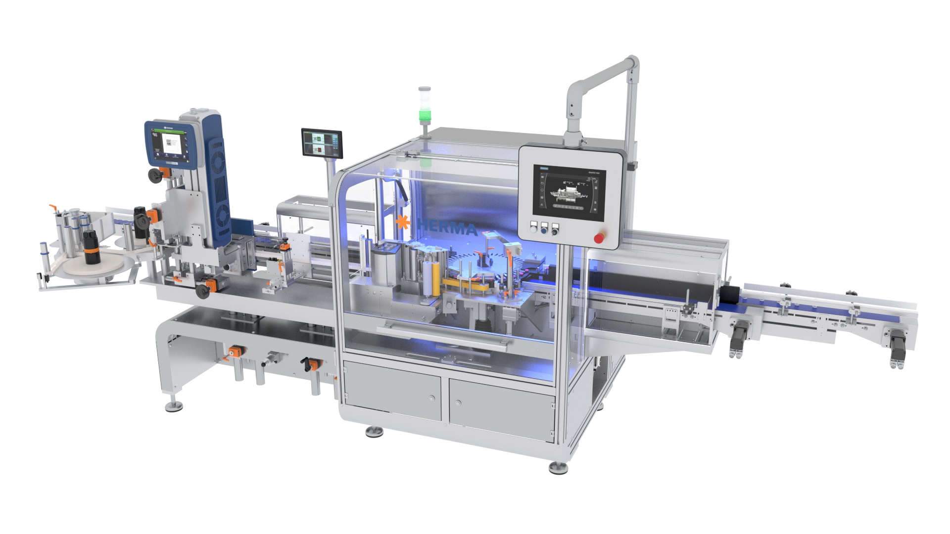 Automated packaging machine with multiple stations, displays, and conveyor system for processing products.