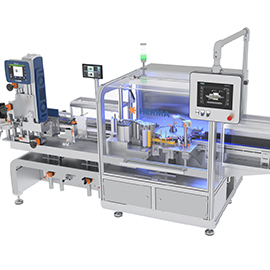 Automated packaging machine with multiple control displays and a transparent casing, suitable for filling and labeling products.