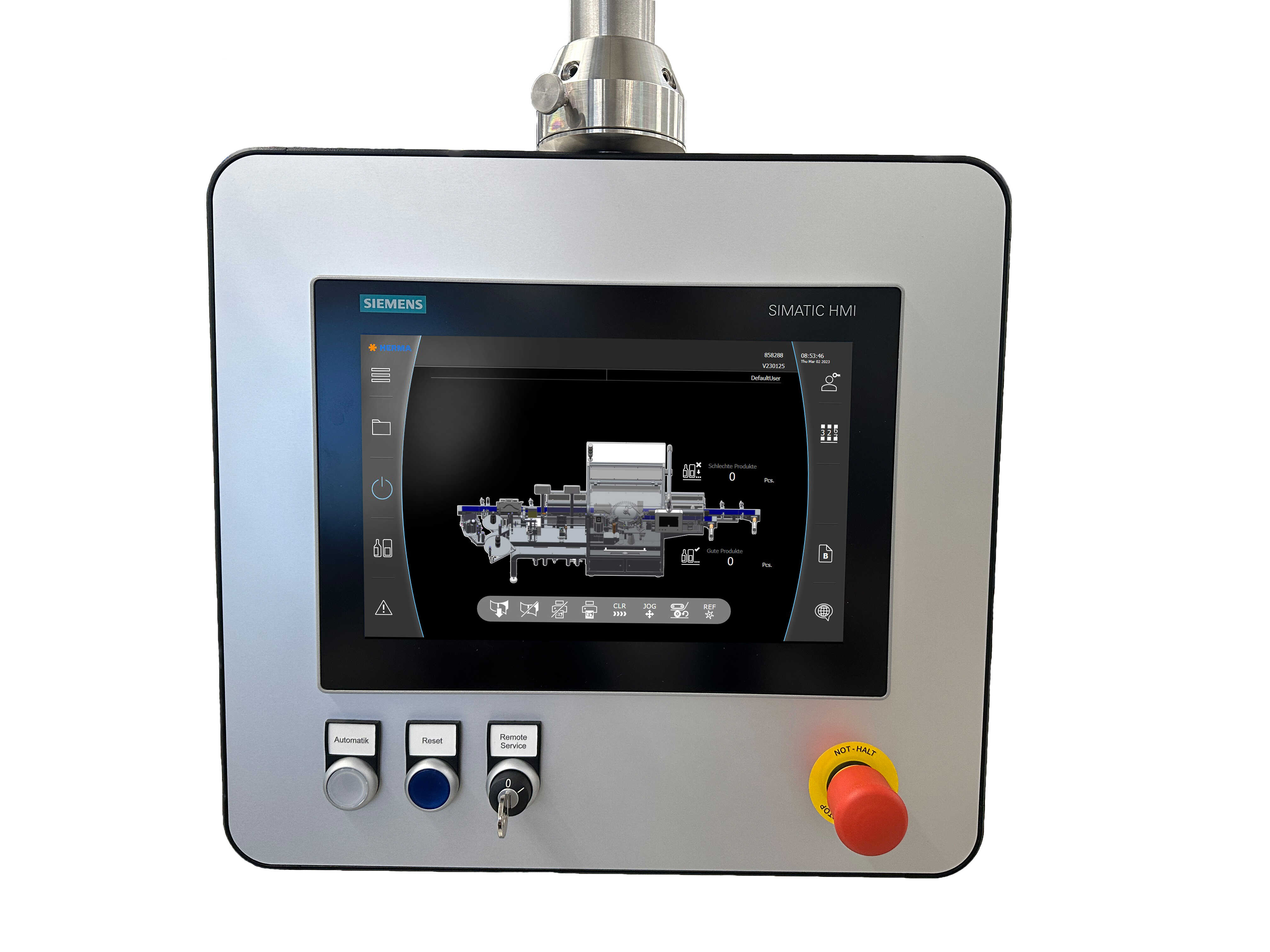 Control unit with touchscreen from Siemens, displays technical information and controls for industrial applications.