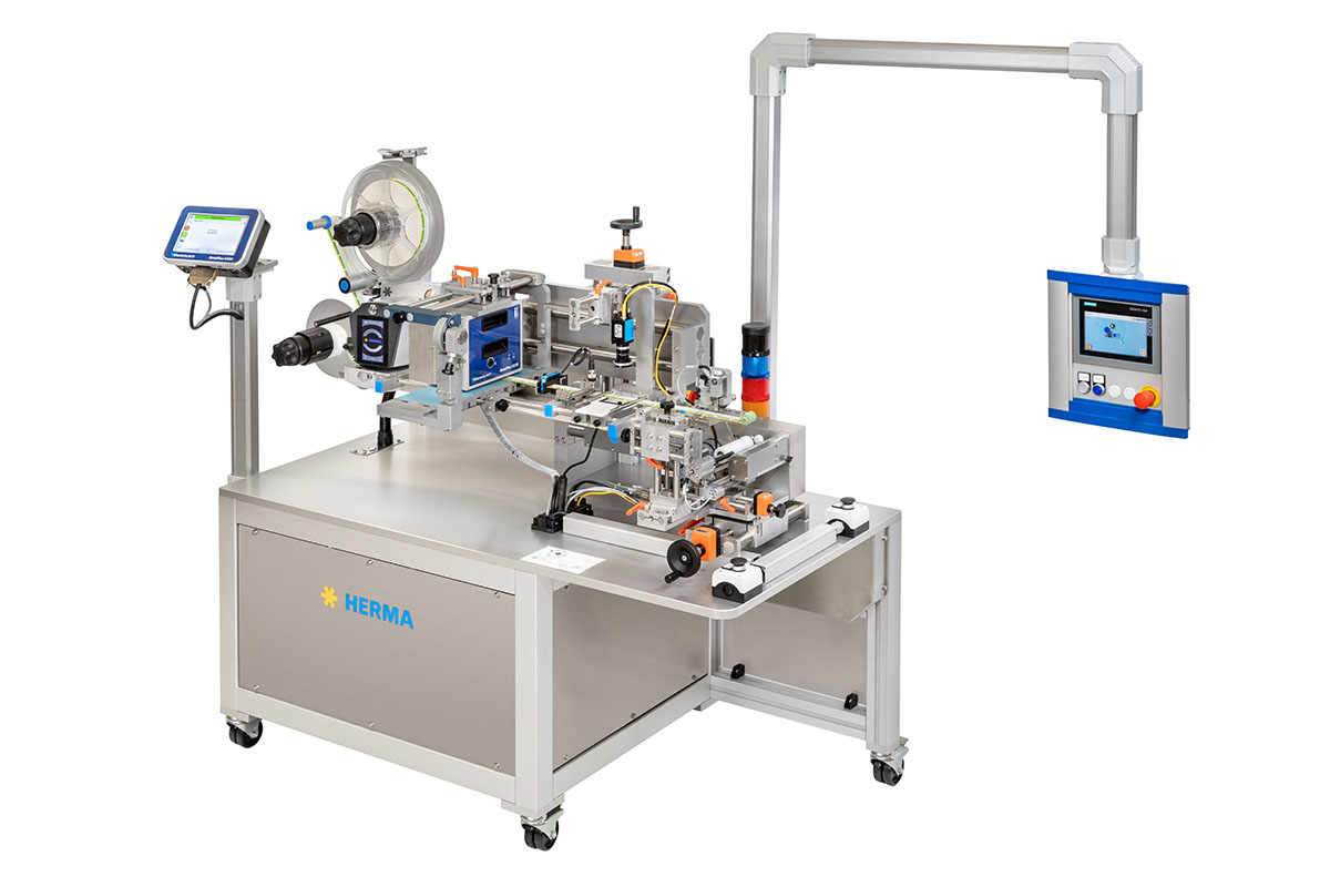 Automatic labeling machine with touchscreen control, various labeling mechanisms, and a sturdy metal housing.