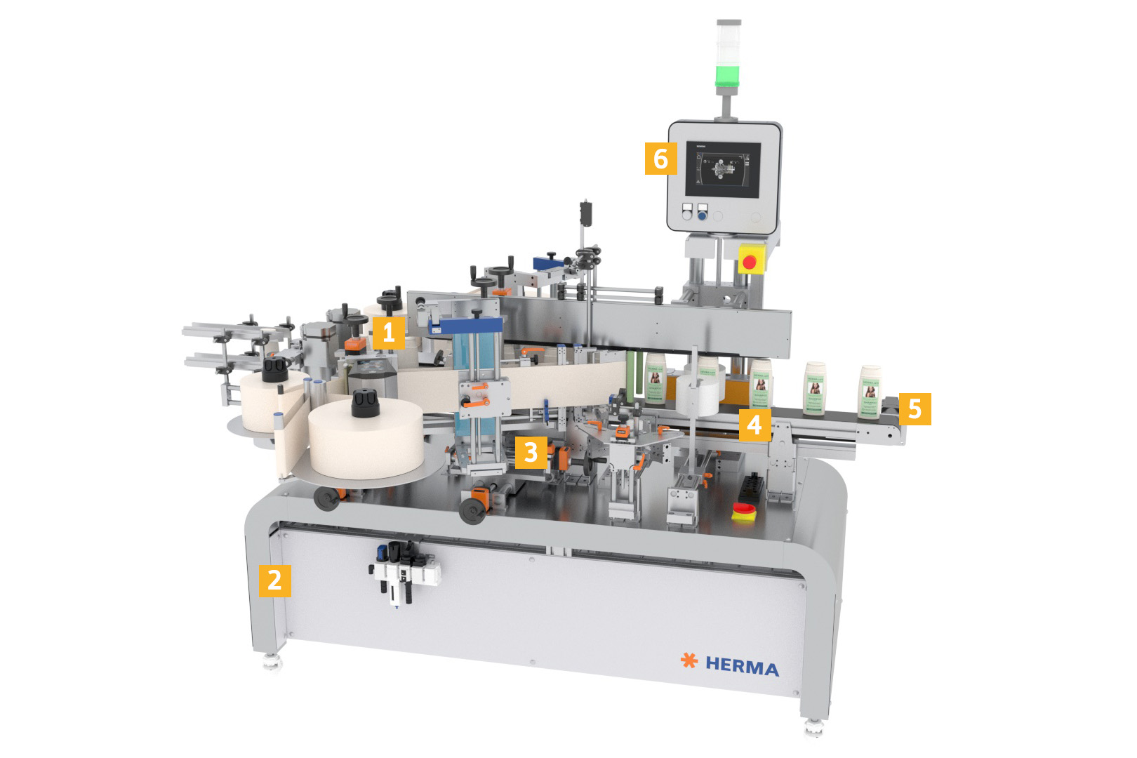 Automatic labeling machine with various stations for labeling, inspecting, and packaging bottles or containers.