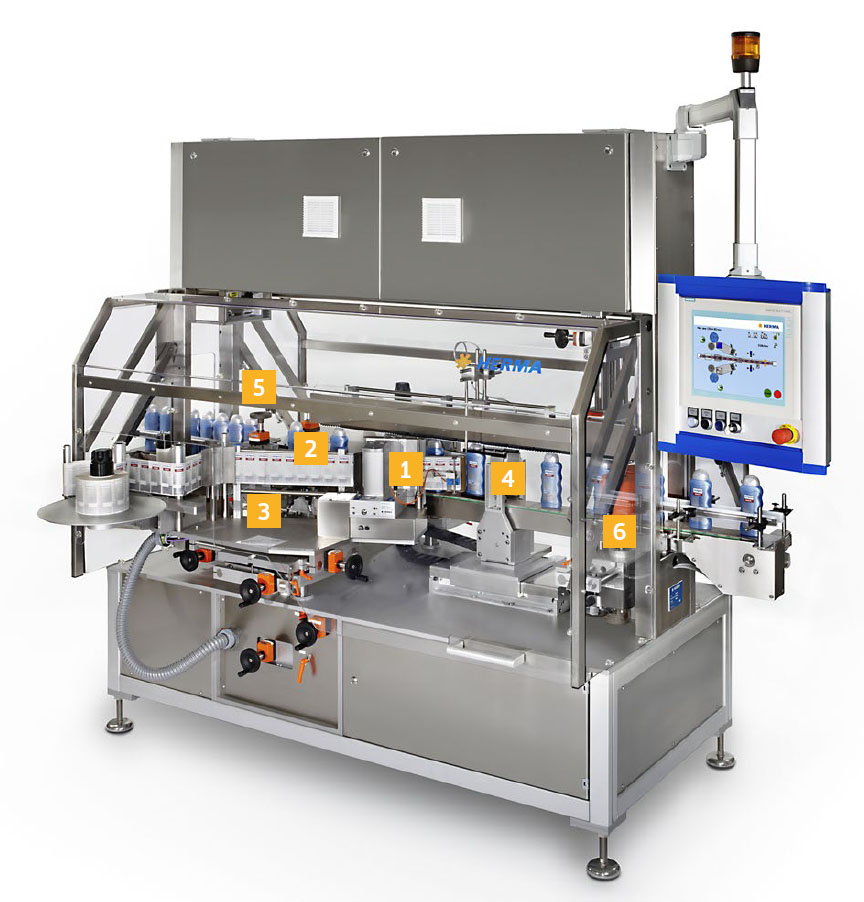 An automated stainless steel filling machine with multiple stations for processing bottles and a control panel for operation.