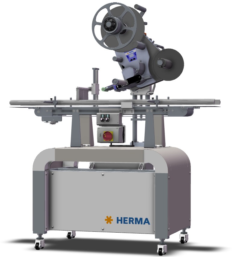 Automatic labeling machine with a rewinder and a control unit, mounted on a sturdy frame.