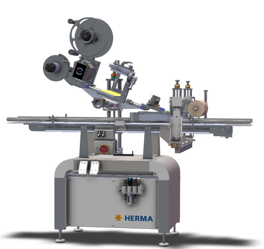 Automatic labeling machine with multiple rolls and a sturdy base, equipped with control elements and a labeling mechanism.