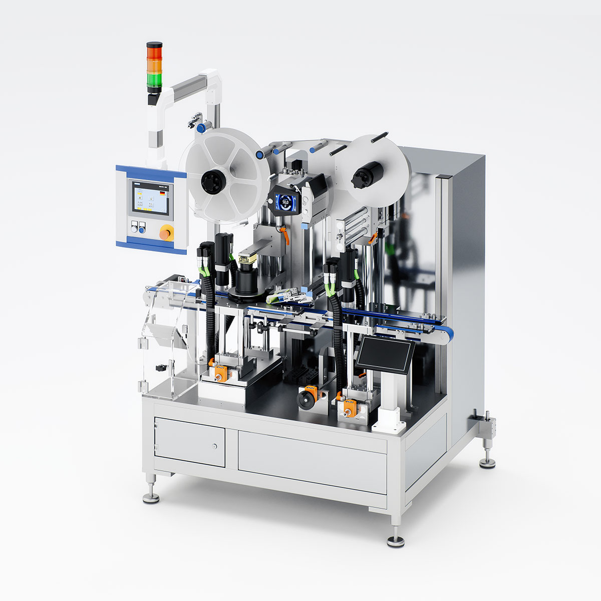 Automated labeling machine with multiple rolls, control unit, and various mechanical components.