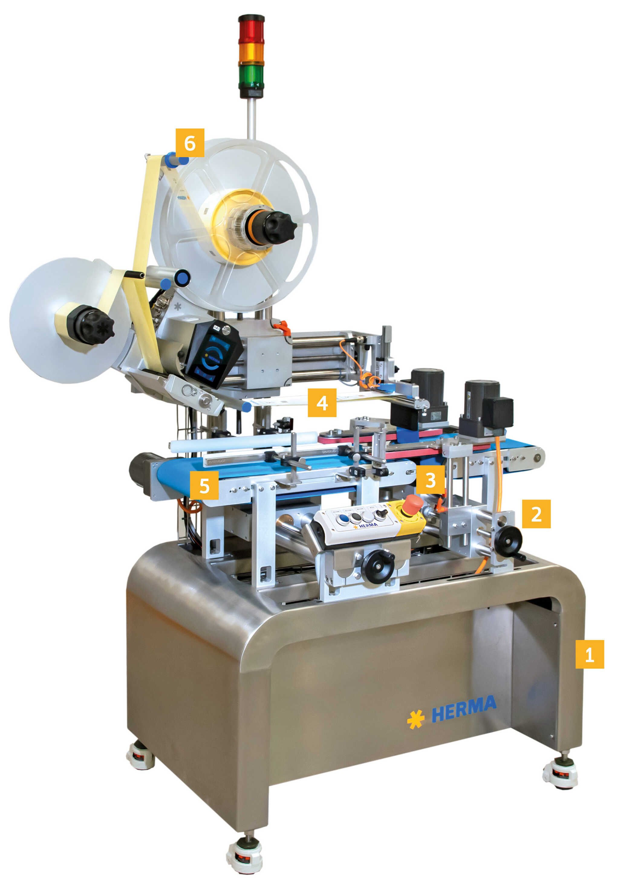 Automatic labeling machine with multiple rollers, control elements, and a sturdy stainless steel frame.