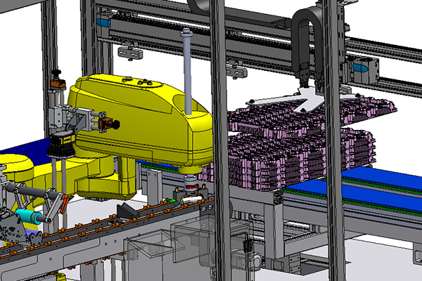 Industrial robots in an automated production line processing a stack of products on a conveyor belt.
