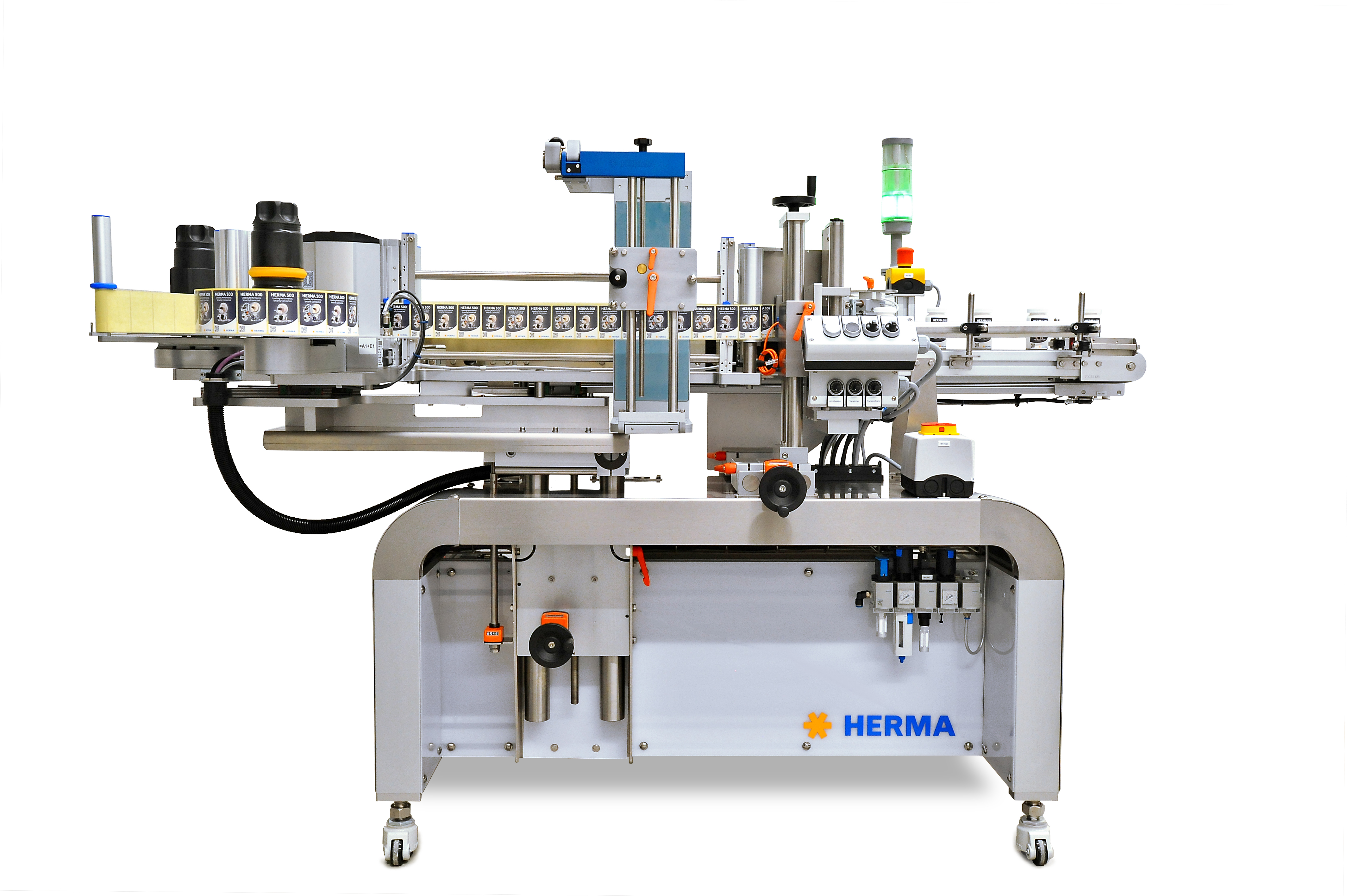 Automatic labeling machine with various components, including a labeling station and control elements, mounted on a sturdy frame.
