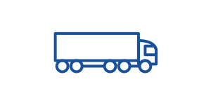 Blue symbol of a truck with a trailer, depicted in simple, minimalist graphics.