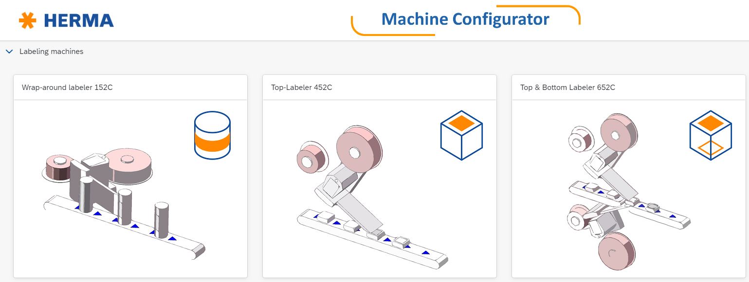 Configurator for labeling machines with three models: Wrap Labeler 132C, Top Labeler 435C, and Top and Bottom Labeler 605C.
