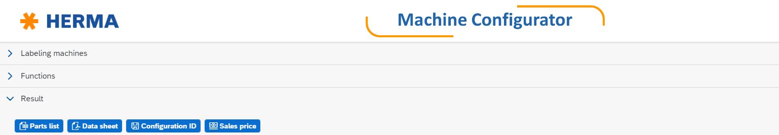 HERMA machine configurator with options for labeling machines, features, and results. Buttons for price and configuration are visible.