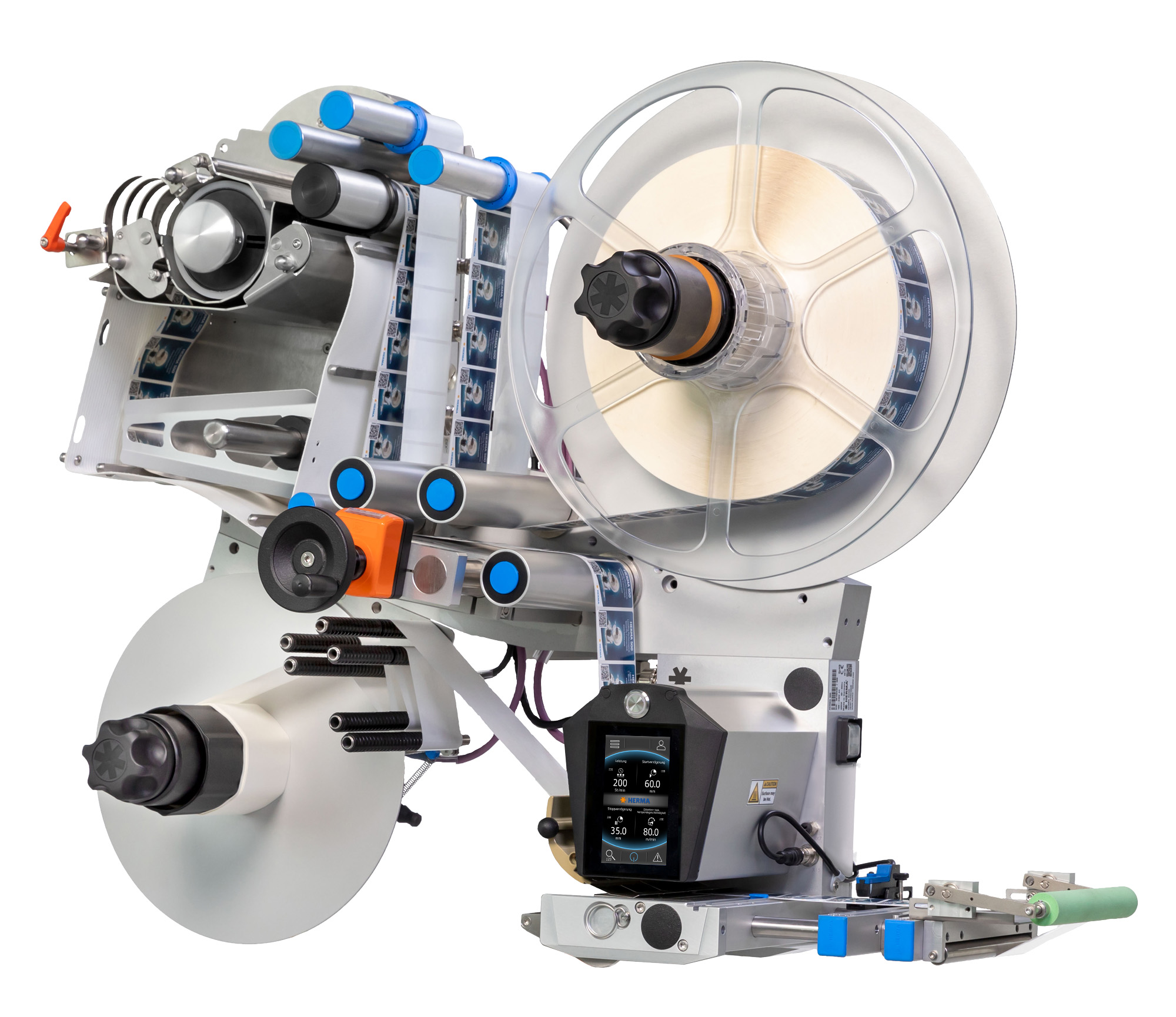 A modern labeling machine with multiple rollers, a control unit, and various mechanical components for labeling products.