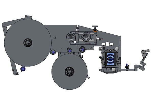 Technical drawing of a machine with two large rollers, drive elements, and a control unit, designed for industrial applications.