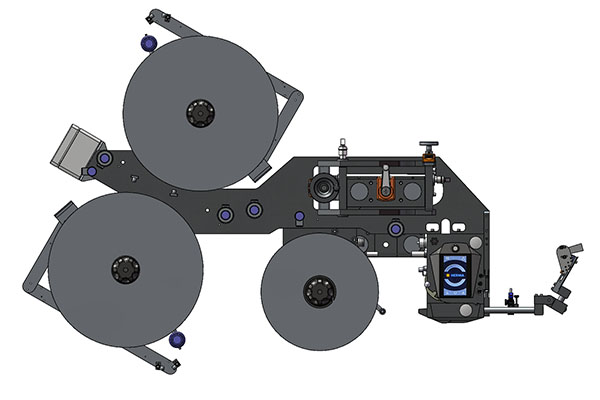 Technical drawing of a machine with three large rollers, a control mechanism, and various mechanical components.