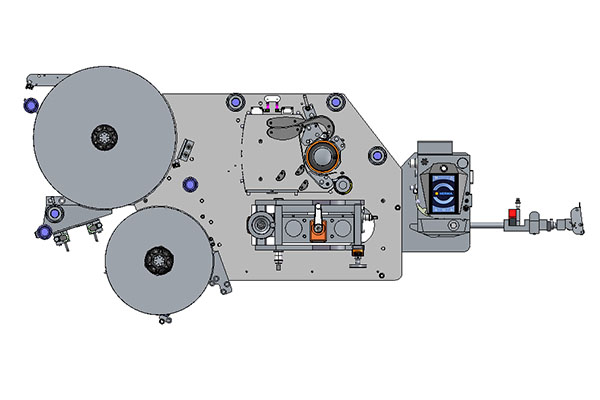 Technical drawing of a machine with two large rollers, a central mechanism, and various control elements.