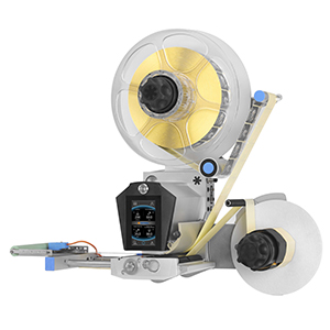 A label printer with a large roll and a dispensing mechanism that is used for printing labels.