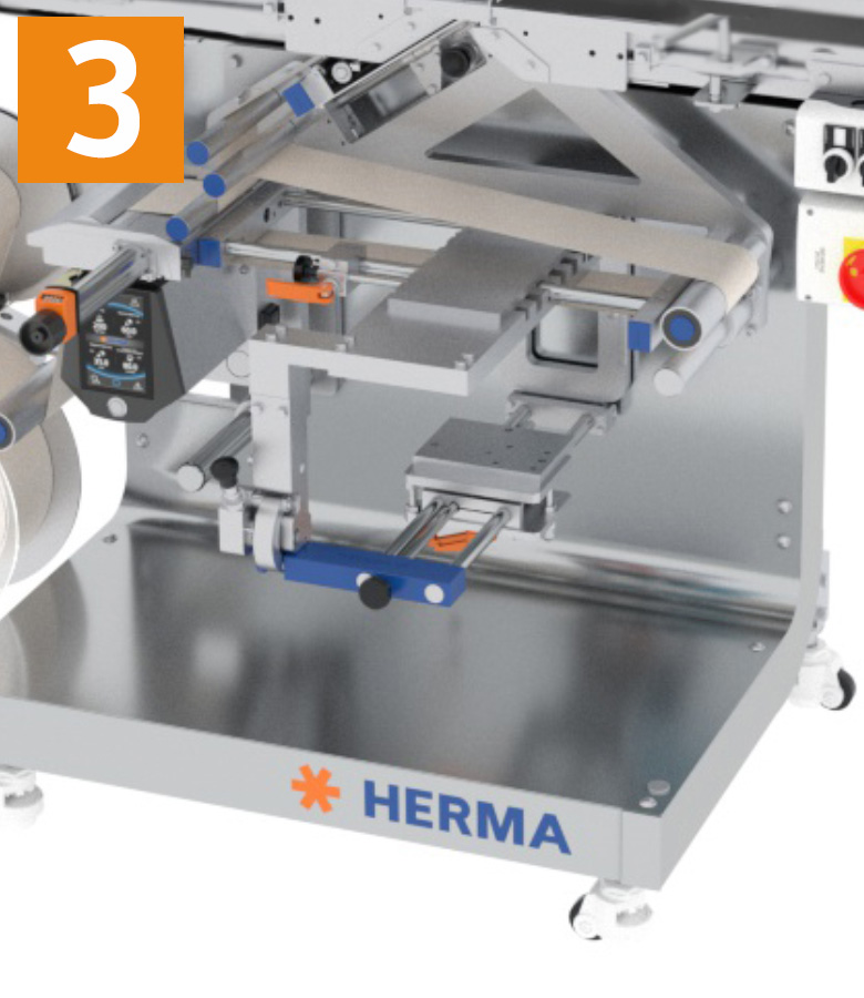 Labeling machine with various components, including rollers and control elements, labeled 'HERMA' and numbered 3.