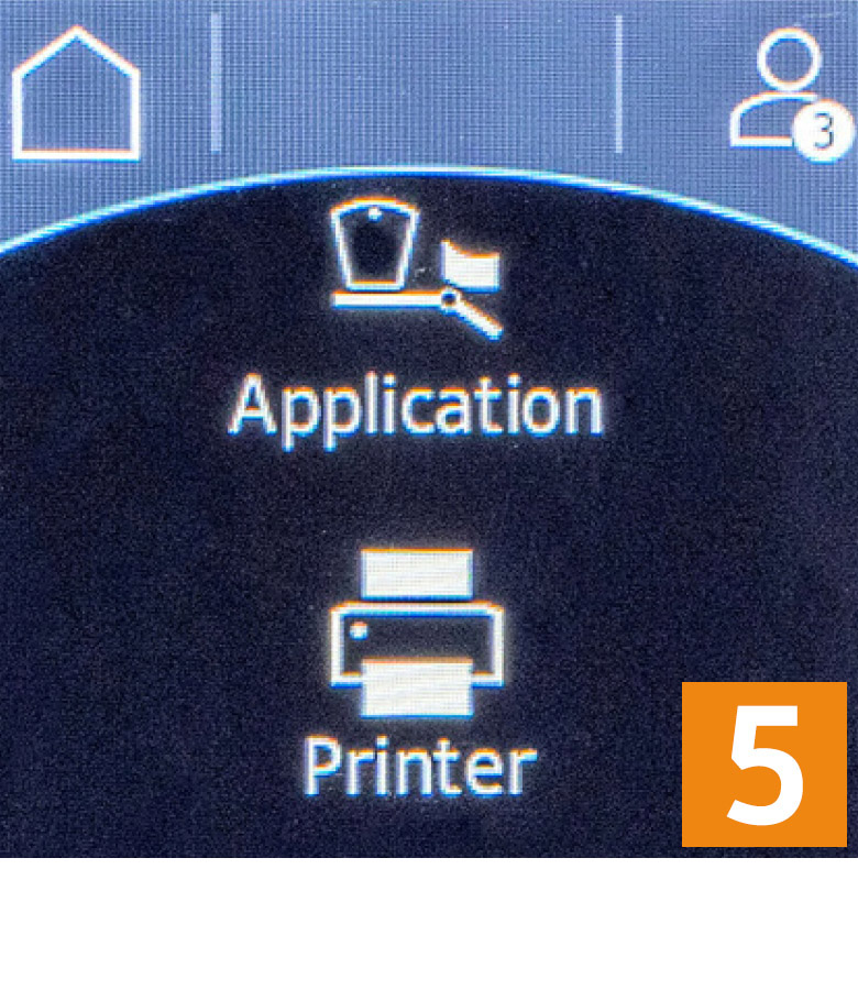 User interface with icons for 'Application' and 'Printer', with the number 5 in orange below.